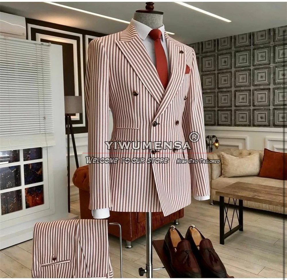 

Pink Striped Men Suits Double Breasted Wedding Groom Tuxedos Fit Slim Peak Lapel Formal Prom Blazers Tailored Costume Homme