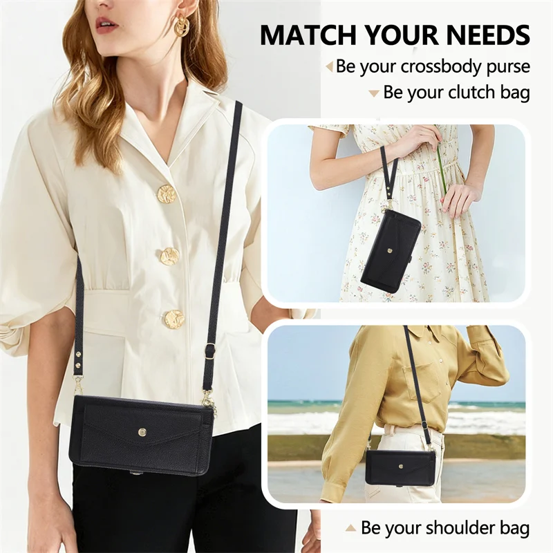 Crossbody Flip Leather Phone Case with Strap Wallet, Card Holder, Kickstand, and Mirror Cover