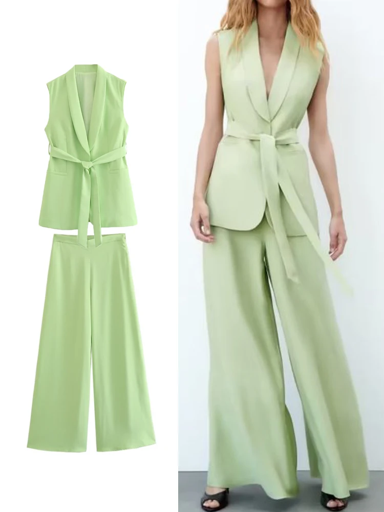 

TRAF Pants Set Summer New Women's Fashion With Belt Sleeveless Green Jacket Coats Office+ Female Elegant Wide Leg Pant