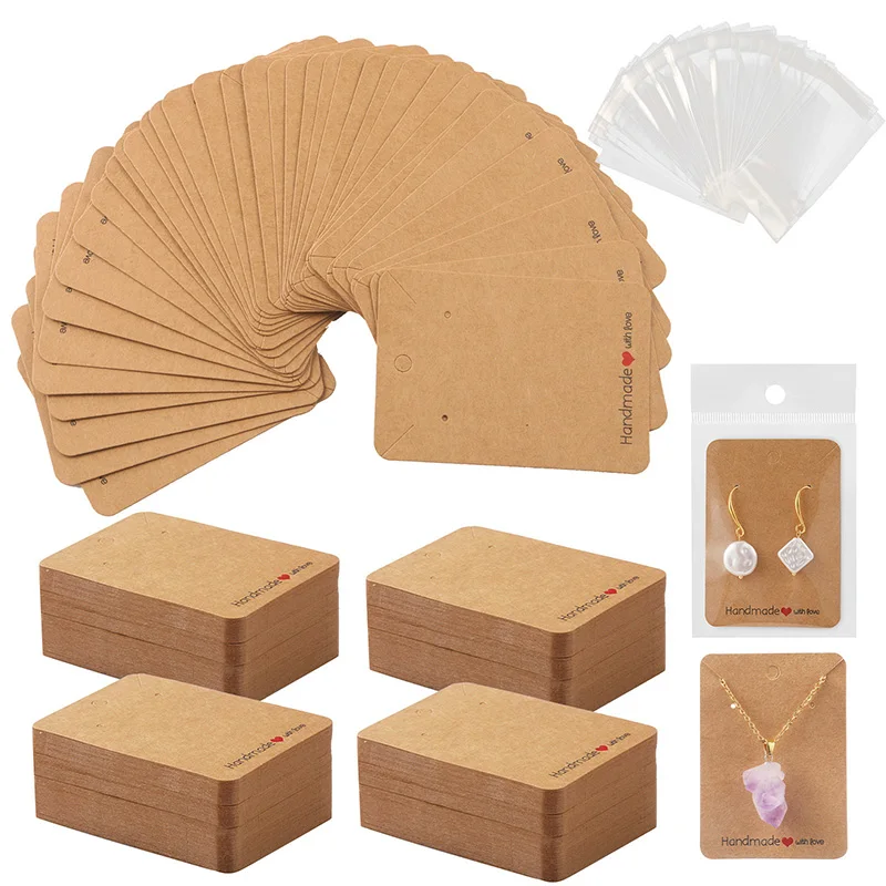 

50/100pcs Earring Necklace Display Cards With Bags Self-seal Bags Kraft Paper Tags For DIY Jewelry Packaging Cardboard Supply