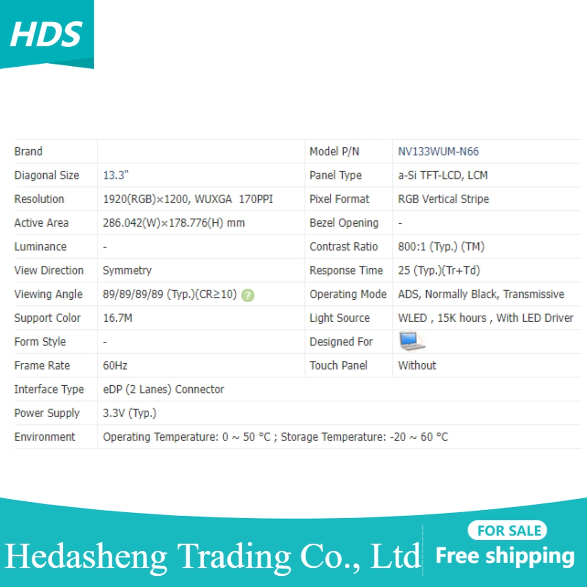 

NV133WUM-N66 13.3 Inch 1920×1200 EDP 60Hz IPS Display Panel LED LCD Screen