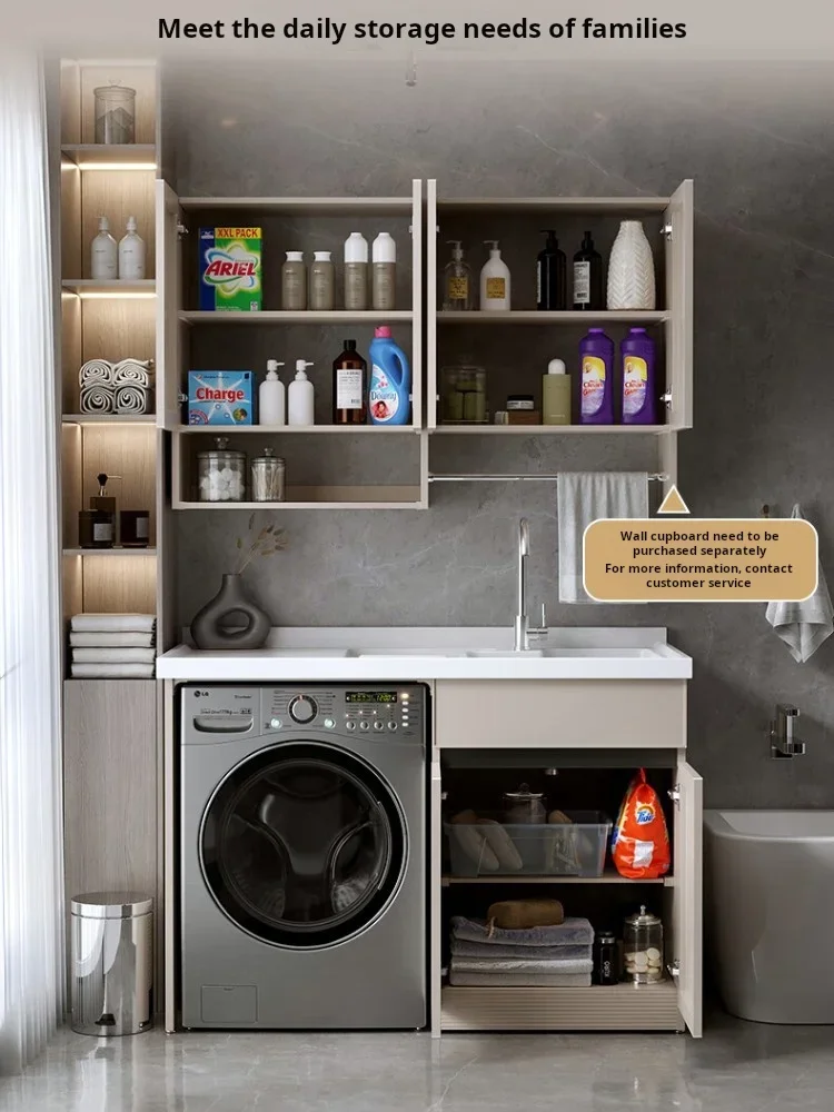 Space aluminum integrated balcony washing machine cabinet roller laundry cabinet partner with washboard pool washing table basin