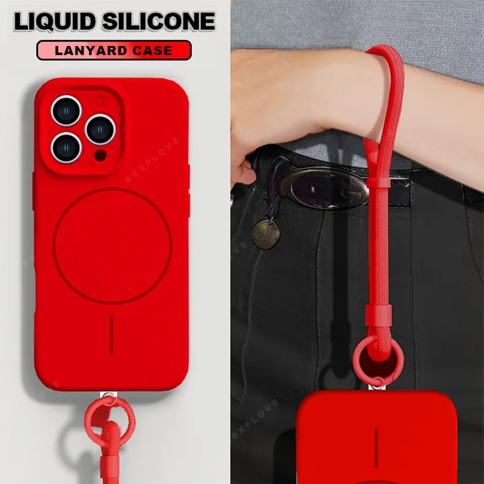 Magnetic Lanyard Phone Case with Wrist Strap and Liquid Silicone Protector Cover