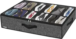 Under Bed Shoe Storage Organizer with Transparent Window - Holds 12 to 16 Pairs, Breathable and Foldable Design (Black linen)