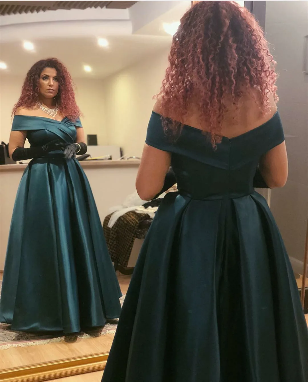 

Classic Long Green Satin Evening Dresses فساتين سهرة A-Line Pleated Ankle Length Prom Dresses With Pockets for Women