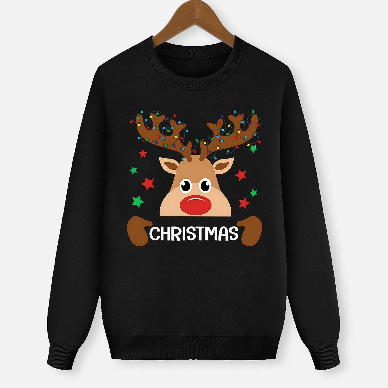 thumbnail image 1 of Conjunto de pijama familiar de manga larga con estampado de cabeza de ciervo y letras navideñas para familia, 1 of 5