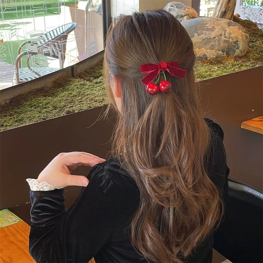 Red Velvet Cherry Hairpin Sweet Side Clip Cloth Velvet Bow Hair Clip Bowknot Korean Style Headwear