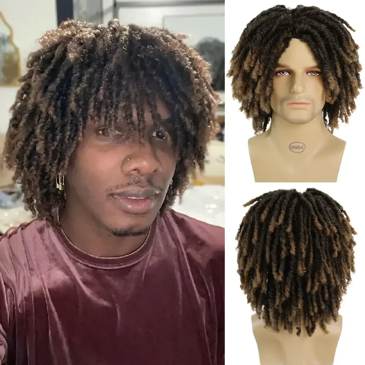 Synthetic Fake Dreads Dreadlocks Wig Men Braided Wigs Brown Mixed Blonde Male Bob Wig Locs Crochet Twist Hair Short Rasta Wigs