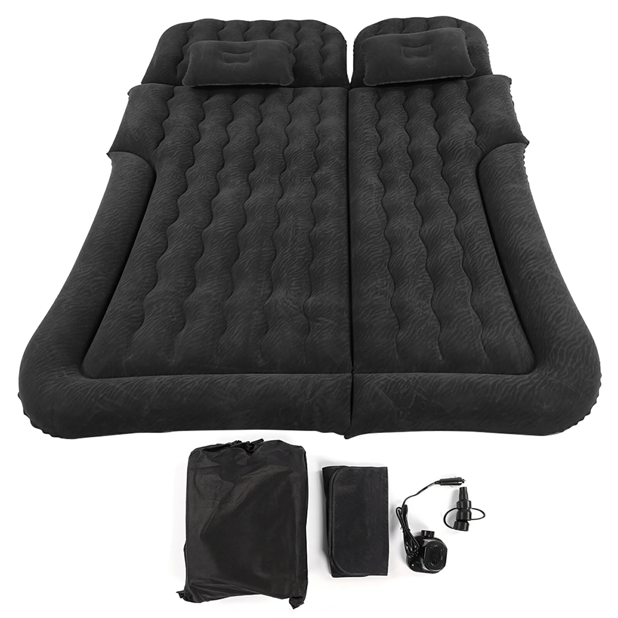 2‑In‑1 Black Multifunction Inflatable Travel Mattress PVC Flocking Soft Sleeping Rest Cushion for Car SUV