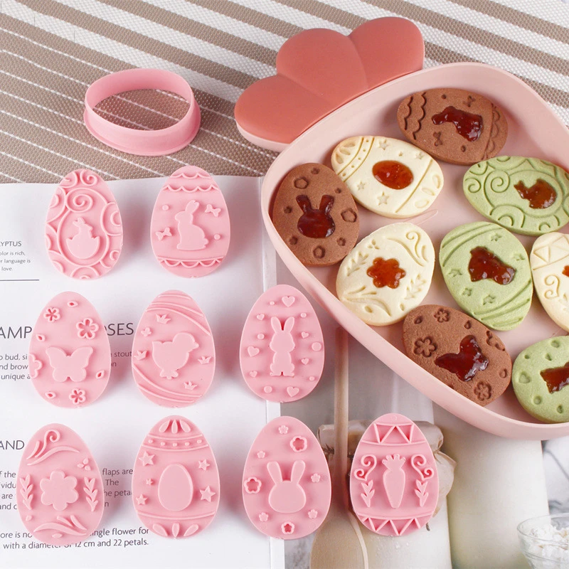 9Pcs/set Easter Plastic Cookie Cutter Rabbit Egg Biscuit Cutter and Embossers Stamp Baking Tools Easter Party DIY Decoration