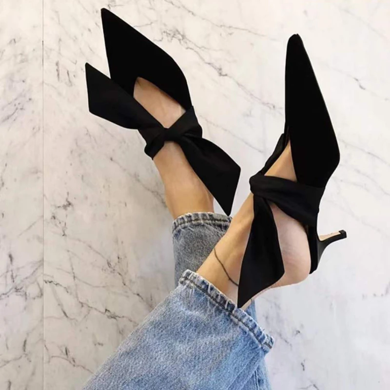 

French Silk Tie Bow Sandals 2023 New Low-heeled Shoes Pointed Stilettos