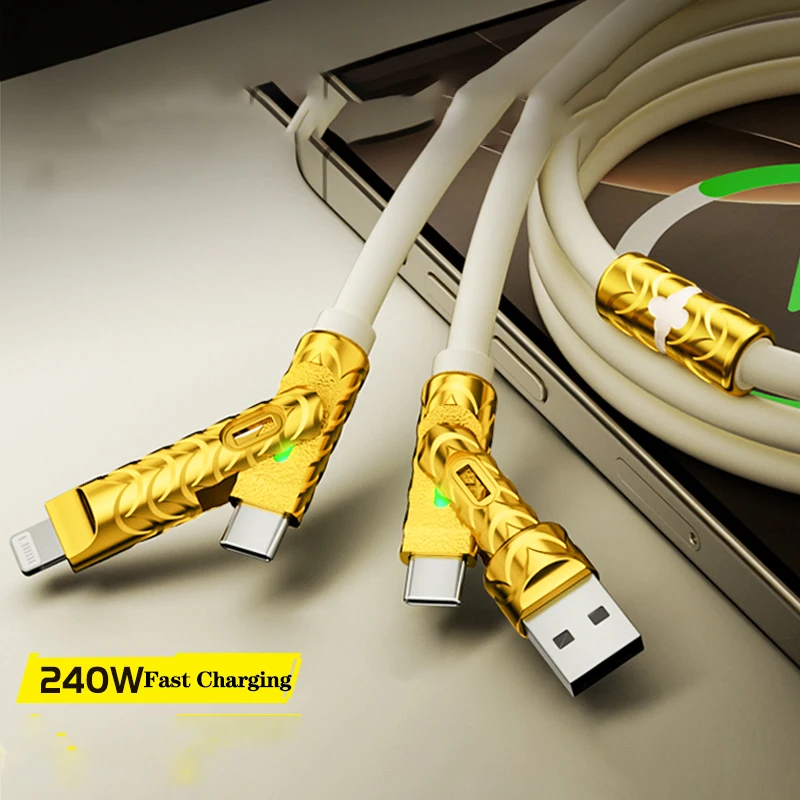 Eary 240W 4 in 1 Charging Cable USB A/C to C/Lightning with Light for iPhone 16e 15 14 Pro/MacBook Air 17/iPad/Samsung/Switch 2