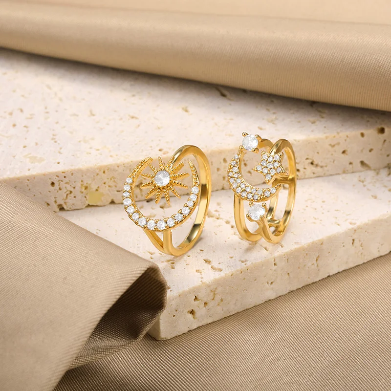 Dainty Crystal Moon and Star Rings For Women