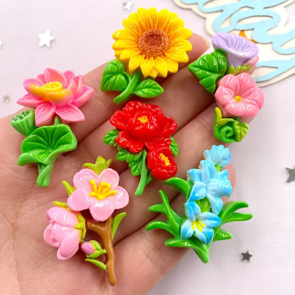 Set of 10 Colorful Resin Flower Figurines for DIY Crafts and Decoration