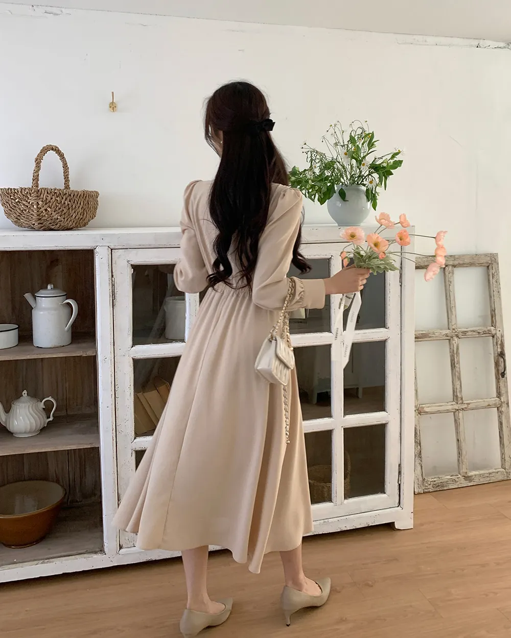 Korean Fashion Autumn Midi Dresses for Women Long Sleeves V-neck A-line Solid Casual Dress Office Lady Clothing New