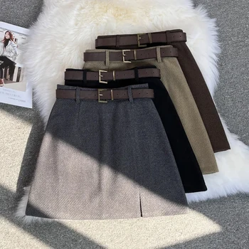 Minigonne vintage in finta lana Y2K Autunno a vita alta con cintura Gonne longuette casual Harajuku Streetwear Gonne divise miste da donna 1