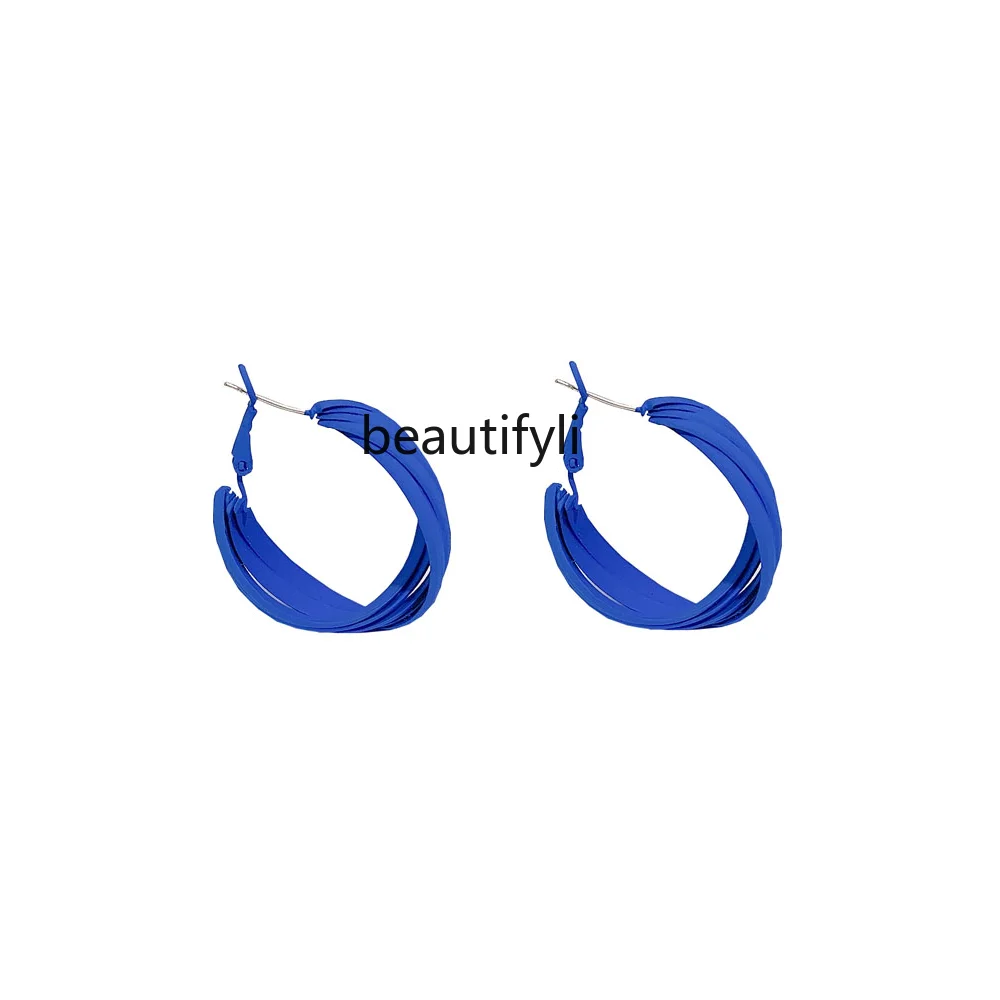 

yj Klein Blue Silver Pin Earrings European and American Special-Interest Design High Quality round Ring Earrings