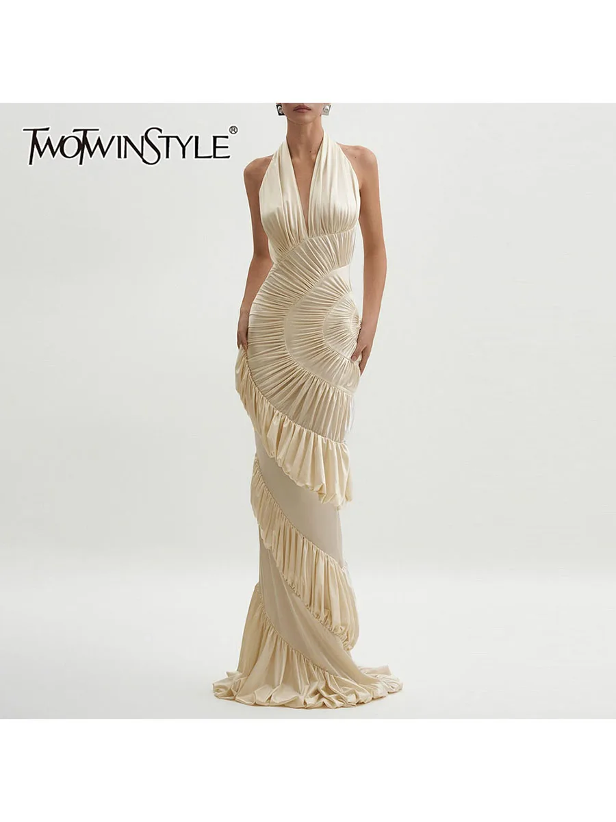 Slimming Spliced Ruffles Folds Dresses for Women Round Neck Long Sleeves Patchwork Button Dress Female Fashion New