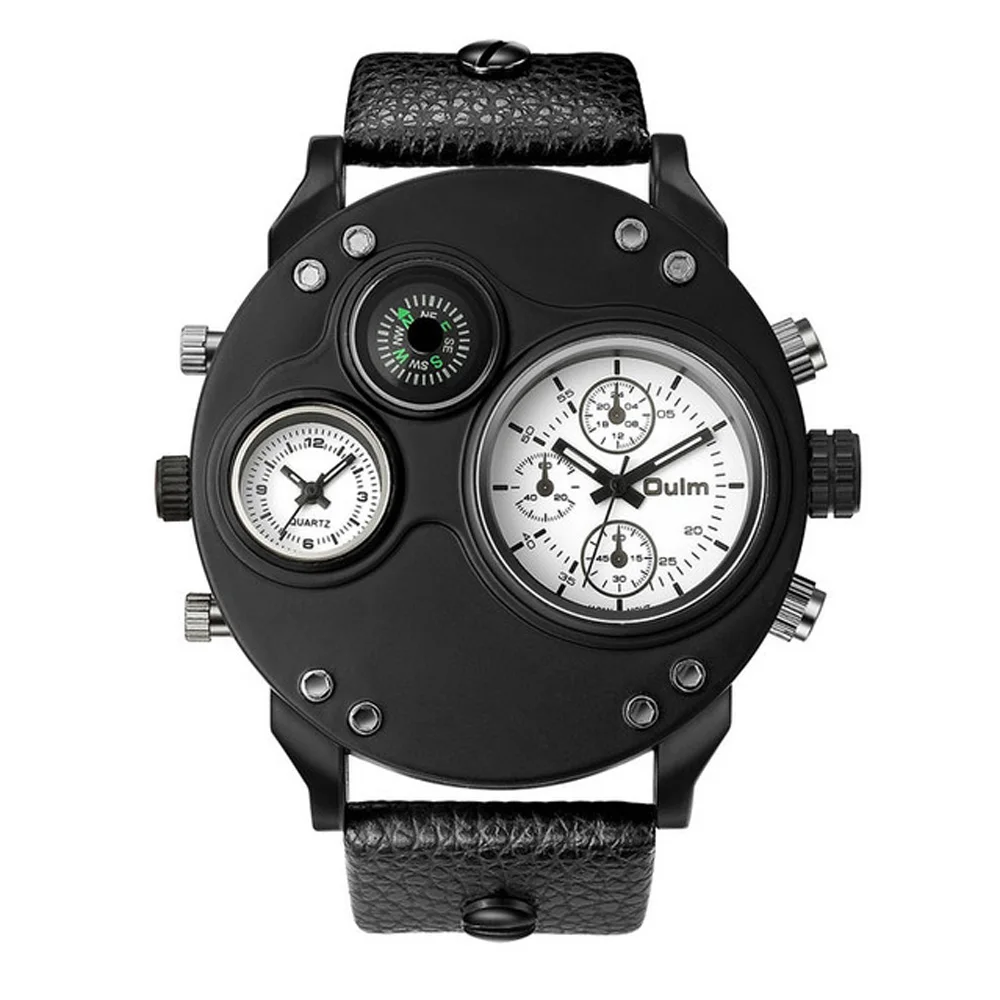 

Модные уникальные мужские кварцевые часы Oulm Hp3741 с двумя часовыми поясами, большим 3d циферблатом, повседневные мужские спортивные часы с компасом, мужские часы
