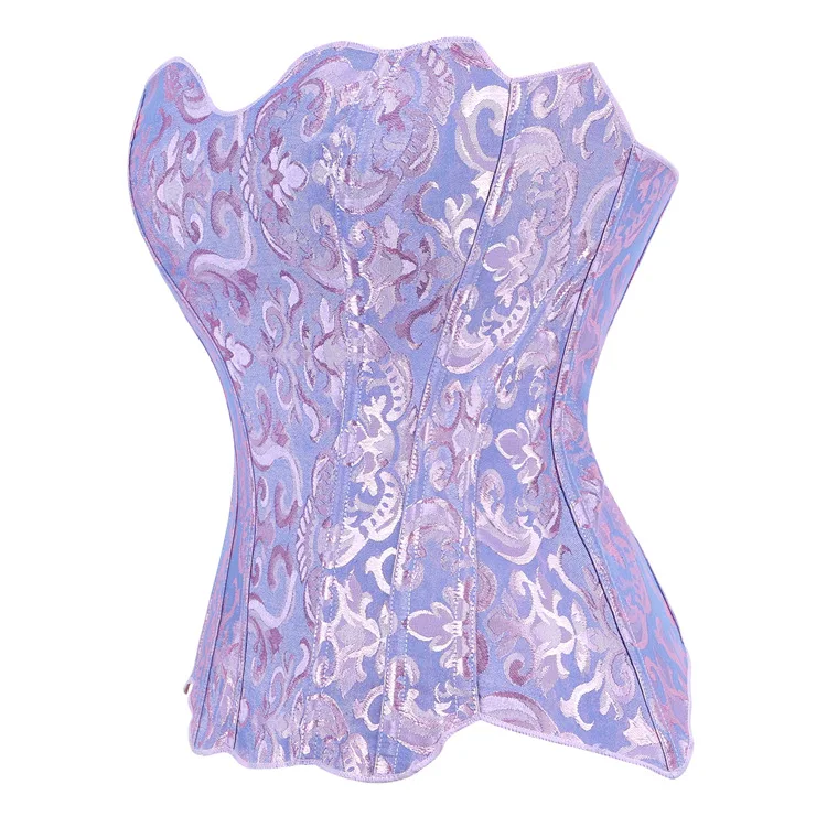 Damen Renaissance Overbust Korsett Top Rosa Blau Brokat Langes Bustier 14 Stahlstäbe Bauchkontrolle Former Übergröße – Detail 3
