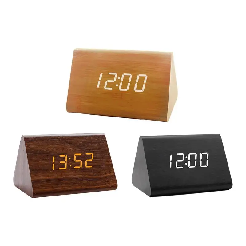 

Wooden LED Alarm Clock Desk Clock Weekend Mode Large Display Sound Control Wood Made Electric Clocks For Bedside Bedroom
