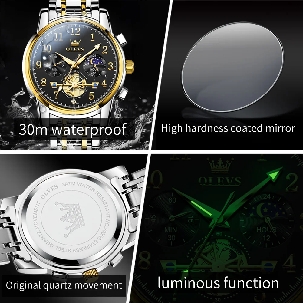 OLEVS Brand Fashion Moon Phase Quartz Watch Men Stainless Steel Waterproof Luminous Luxury Tourbillon Watches Relogio Masculino