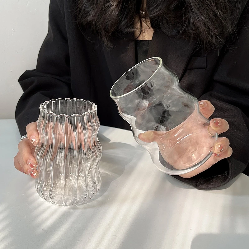 Ins 투명 유리 컵 내열성 텀블러 음료 용기, 차 주스 우유 커피 머그잔, 스트라이프 머그잔, 410ml, 650ml, 530ml