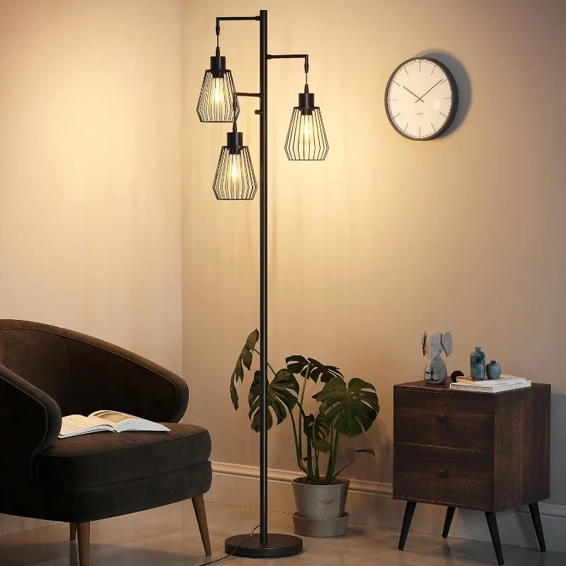 Dimmable Floor Lamp, Industrial Farmhouse Floor Lamp for Living Room, Standing Lamp with 3 LED Bulbs, Tree Lamp
