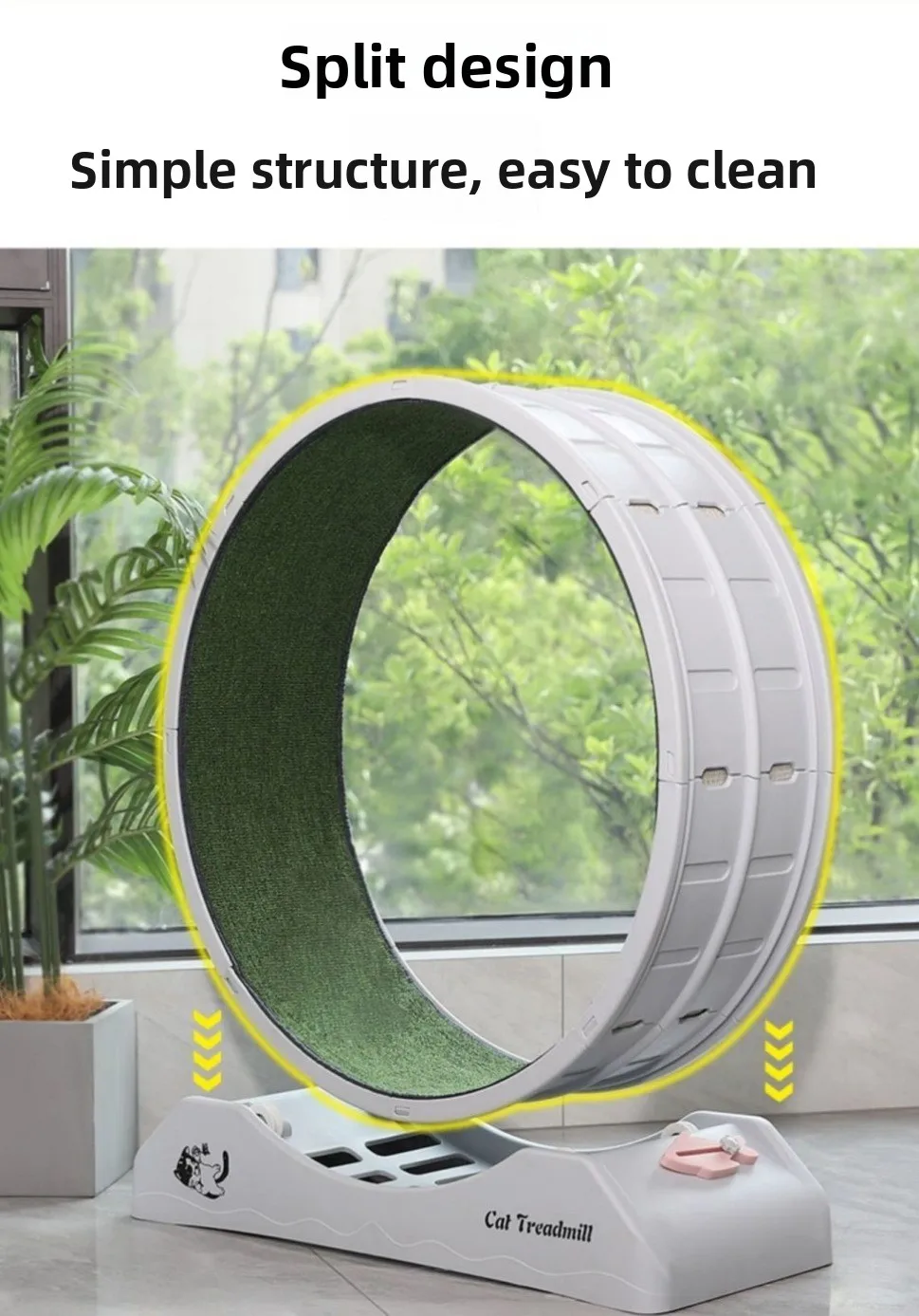 A lifestyle shot of the white cat treadmill wheel in a bright room near a window and a potted plant. Yellow arrows highlight the "split design" and "simple structure" that makes it easy to assemble and clean.