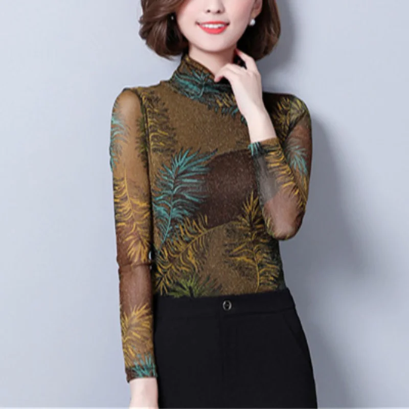 

Женский весенний пуловер с высоким воротником, модная сетчатая нижняя рубашка с принтом, большие удобные универсальные Топы с длинным рукавом