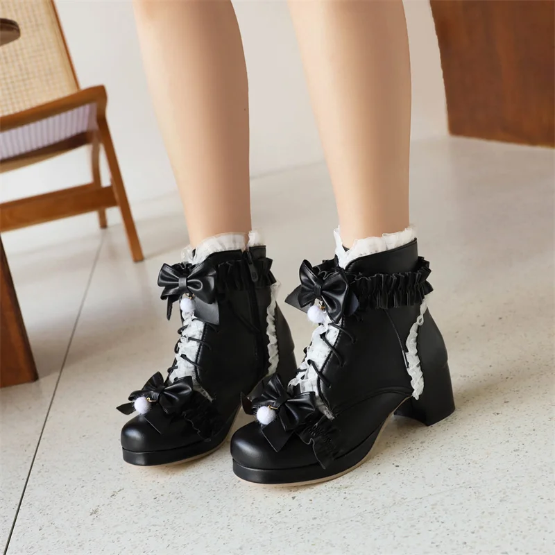 

YQBTDL 2022 Autumn Princess Lolita Girls Shoes Women Sweet Party Dress Cosplay Wedding Pumps Bow Chunky Heel Ladies Plus Size 45