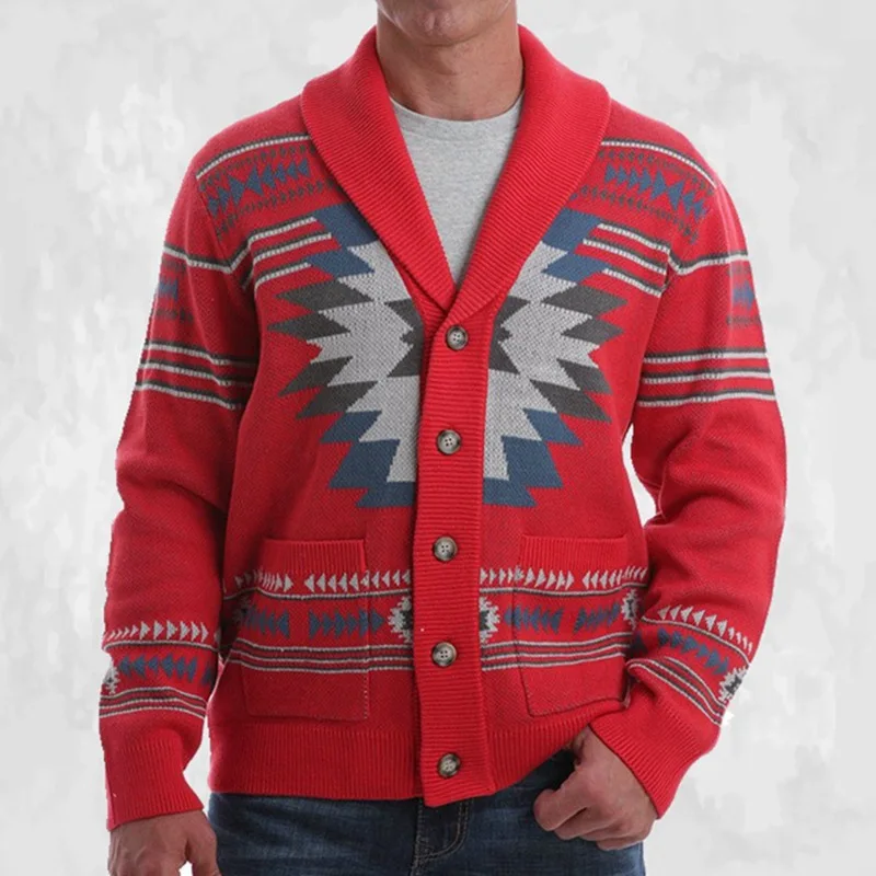 

Men's Casual Jacquard Red Sweater, Lapel Knit Coat, Long Sleeve Cardigan, New Style, English Street, Autumn and Winter