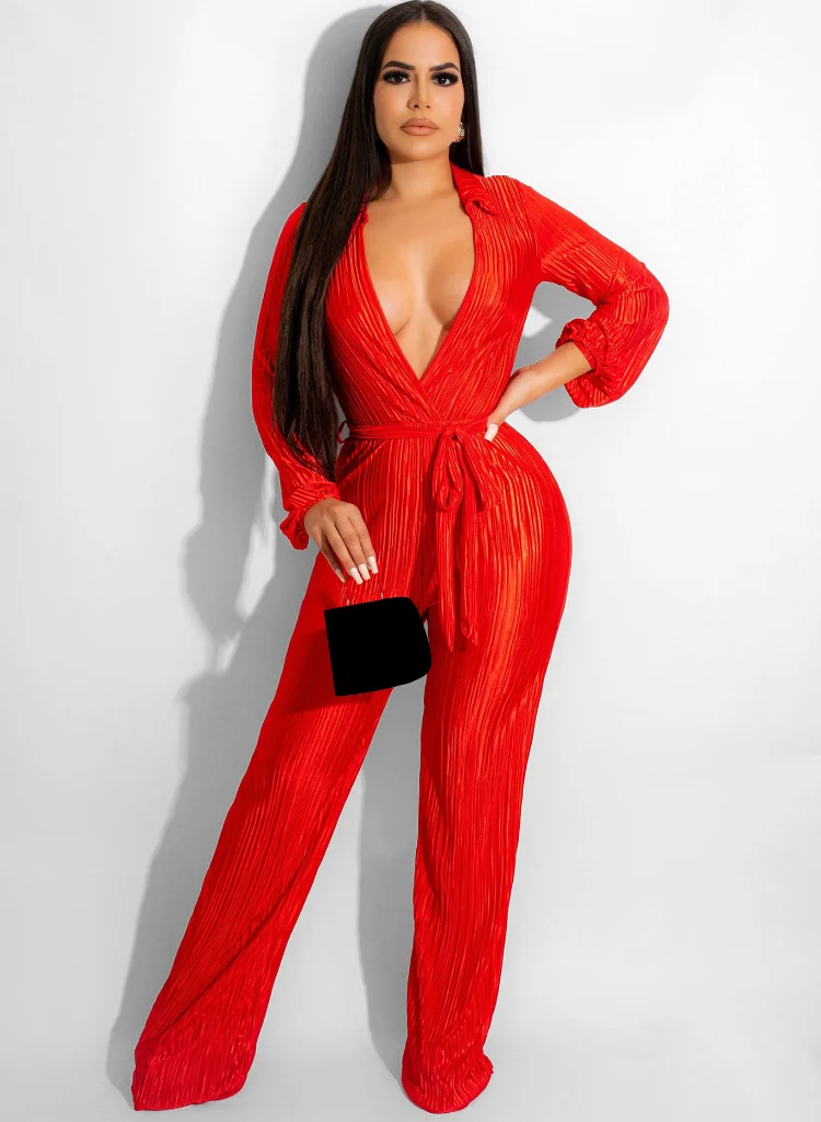 

KEXU Elegant Deep-V Neck Pleated Wide Leg Jumpsuit Overalls for Women Long Sleeve High Waisted Sexy Party Club Rompers