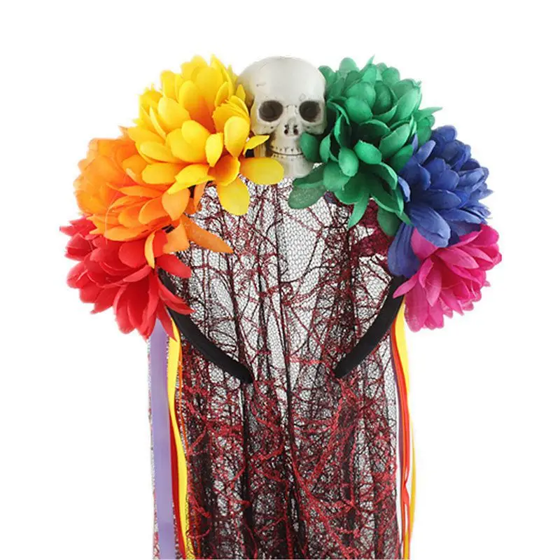

Day of the Dead Headpiece Rose Floral Crown Veil Halloween Costume Mexican Headband (Spider Web Veil Red Orange)