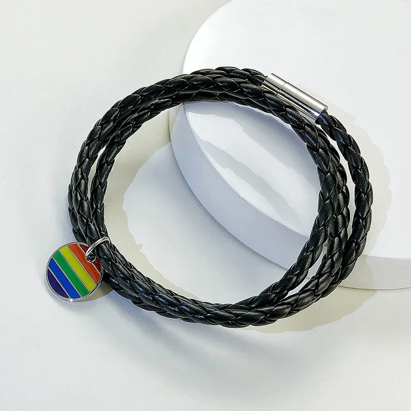 

Stainless Steel Leather Hand Rainbow Titanium Steel Gay Lesbian Bracelet