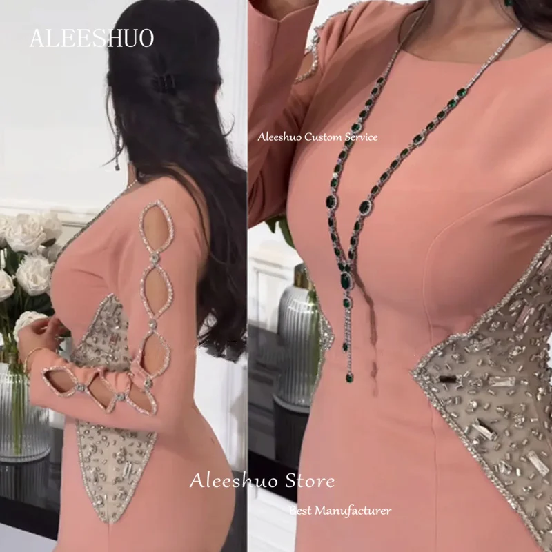 Aleeshuo-vestidos de graduación de sirena con cuello redondo, manga larga, Sexy, plisado de cristal con cuentas brillantes, longitud hasta el suelo, Arabia Saudita, 2024