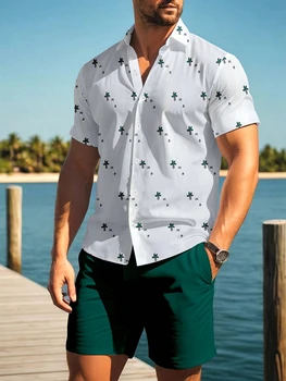 Set camicia hawaiana a maniche corte e pantaloncini da spiaggia da uomo, camicia casual da uomo alla moda per la festa, pantaloncini sportivi da uomo estivi 1