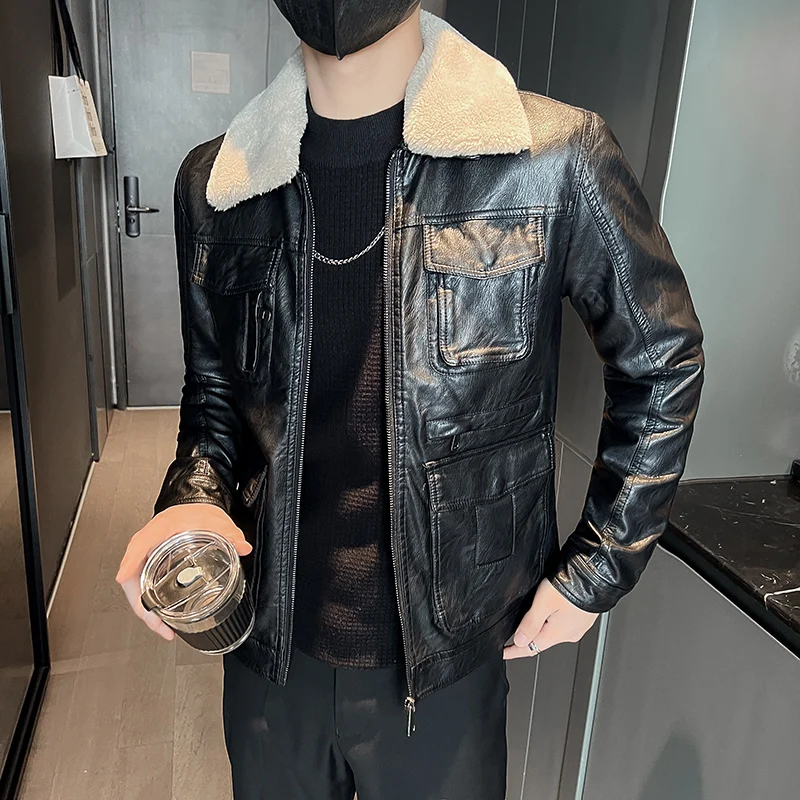 Korean Motorcycle Leather Jackets Men Large Lapel Pu Casual Biker Coat  Streetwear Social Business Coat Handsome Men Clothing - Faux Leather -  AliExpress