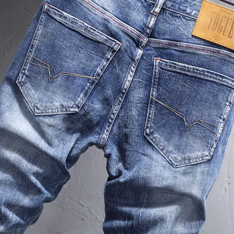 Italian Style Fashion Men Jeans Retro Blue Elastic Stretch Slim Ripped Jeans Men Embroidery Designer Vintage Denim Pants Hombre