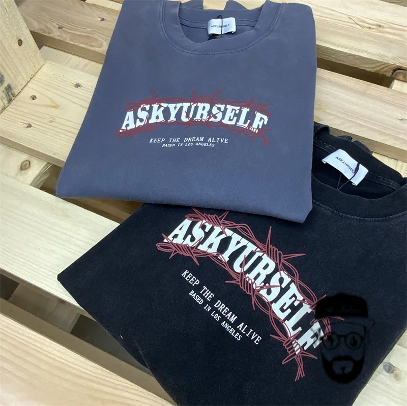 

Бесплатная доставка, Тяжелая промытая футболка из чистого хлопка ASKYURSELFT, свободная облегающая уличная одежда для мужчин и женщин, топы, футболки