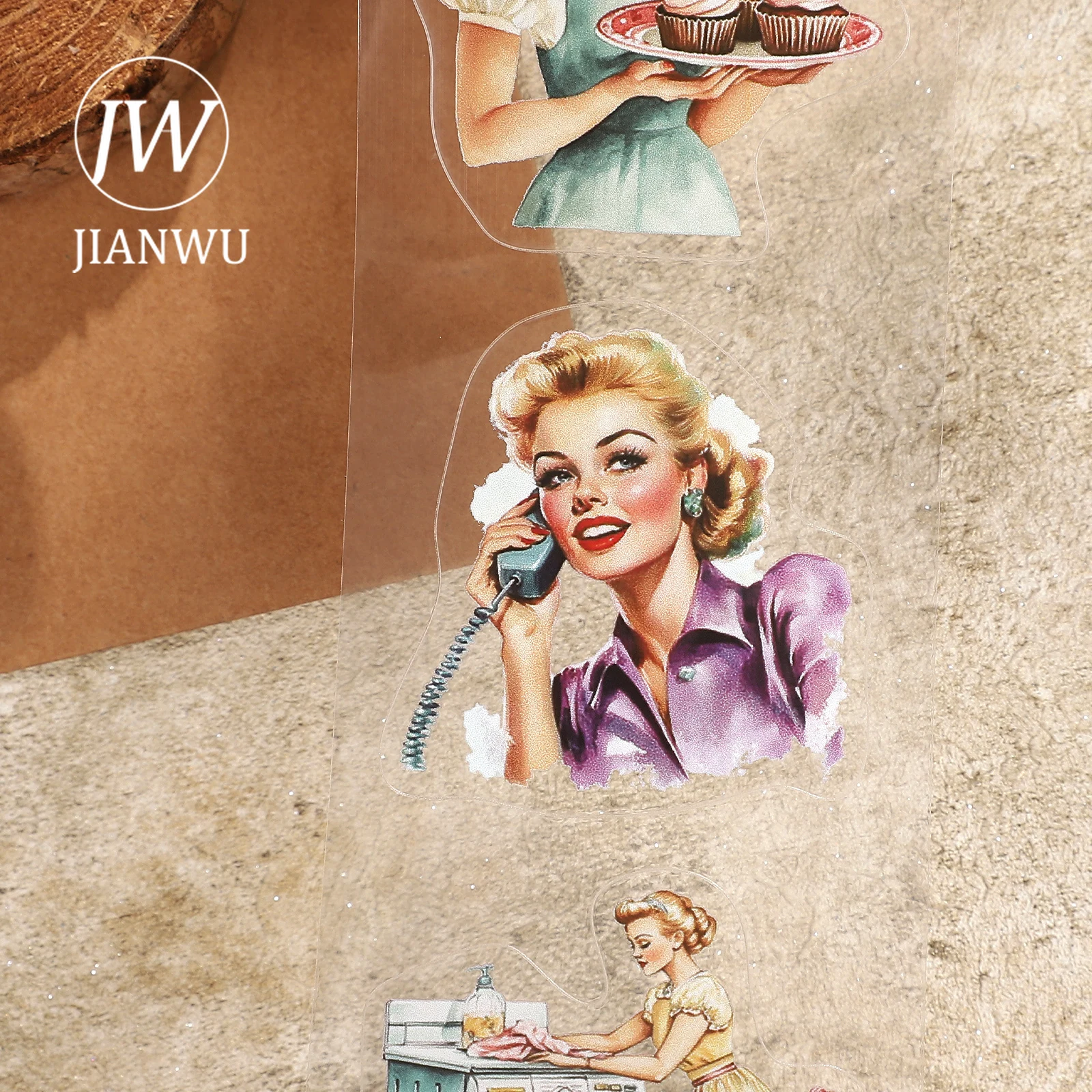 JIANWU 60mm * 200cm 빈티지 주부 캐릭터 풍경 소재 콜라주 스크랩북 PET 테이프 크리 에이 티브 DIY 저널 문구