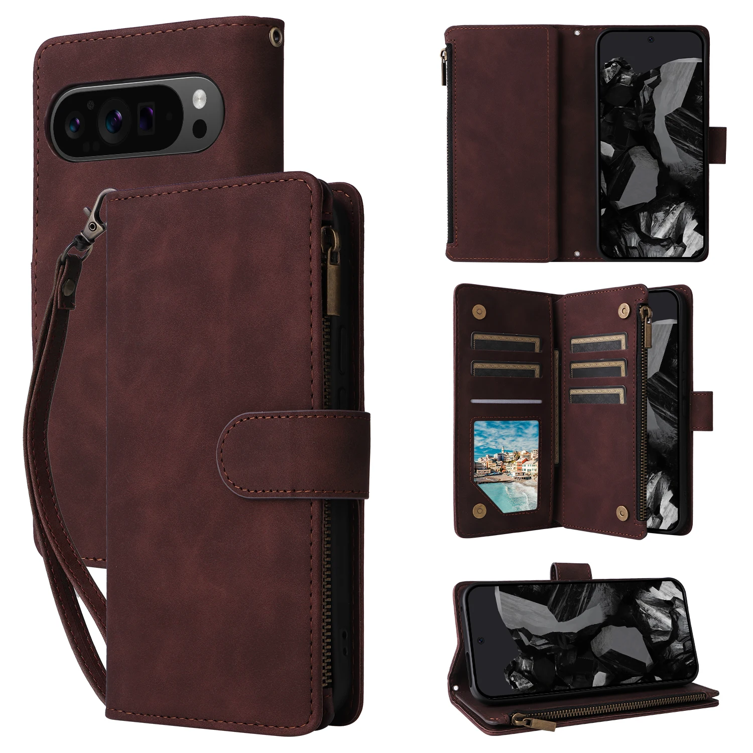 Crossbody Leather Wallet Phone Case with Strap and Stand Feature