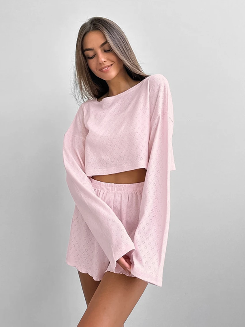 Marthaqiqi Casual Female Pajama Set Sexy O-Neck Sleepwear Long Sleeve Nightie Crop Top Nightwear Shorts Loose Home Clothes Women