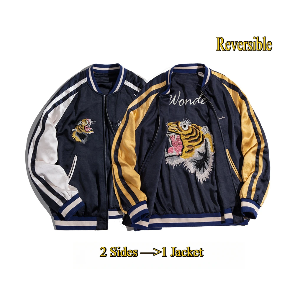 Maden Retro Reversible Yokosuka Jacket 타이거 자수 아이언 프리 드레이프 자켓 남성 봄, 가을 트렌디 패치 워크 아웃웨어