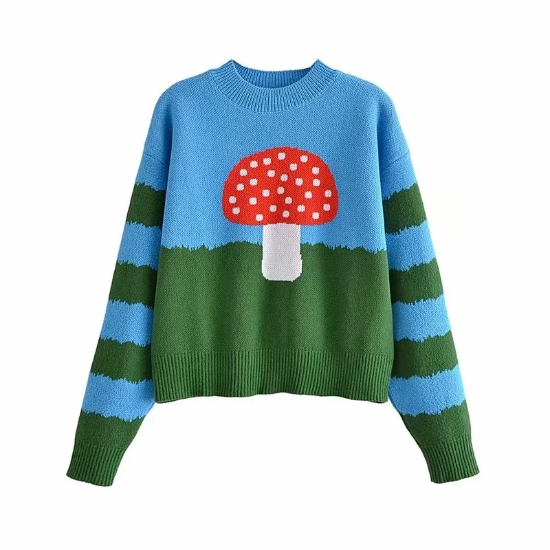 

Cartoon Mushroom Knitted Sweater 2024 New Fashion Women Preppy Style O-Neck Long Sleeve Pullovers Spring Autumn Casual Jumpers