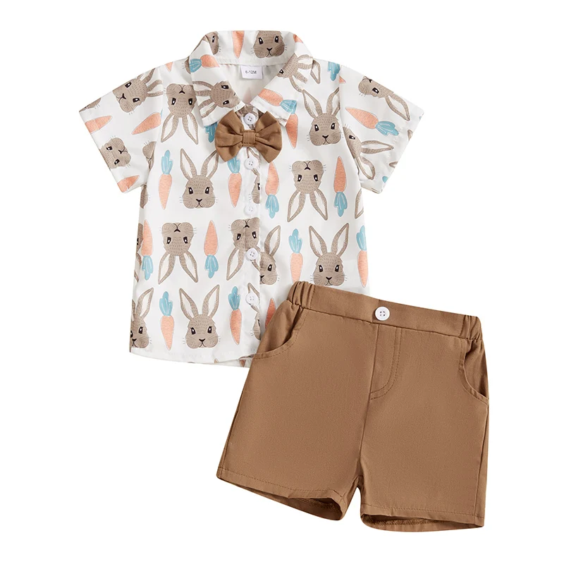 Toddler Baby Boys Easter Outfits Bunny Carrot Pattern Turn Down Collar Short Sleeve Shirt with Shorts 2 Pcs Set for Summer