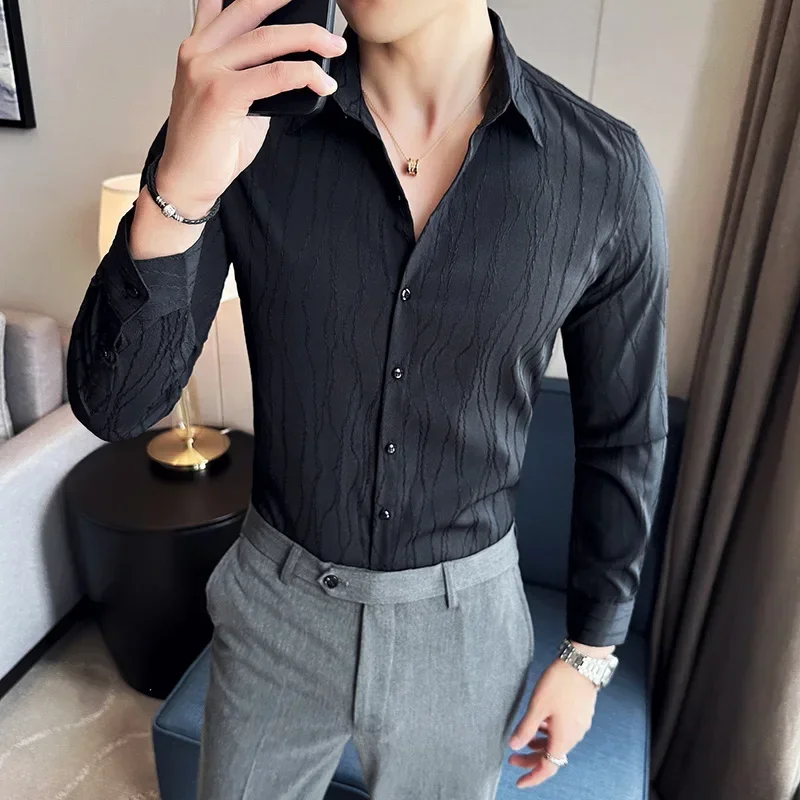 

Autumn Winter Wave Striped Shirt for Men Long Sleeve Slim Casual Shirts Fashion Business Formal Dress Shirts Social Party Blouse