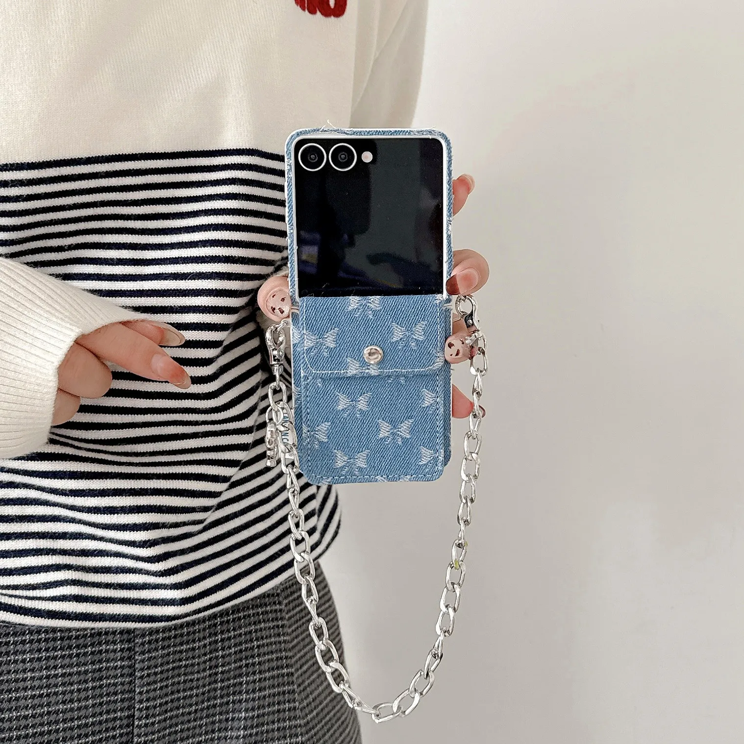 Kawaii Bow Knot Denim Phone Case with Card Holder and Lanyard