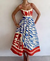 2025Summer Women Fashionable Fish And Shrimp Print U-neck Pleated Waist With Large Swing Suspender Dress Sexy Maxi Vestidos Robe