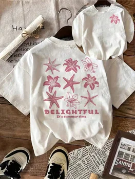 Flower Starfish Letter Design Pattern Round Neck Suitable for Surfing Beach Summer Spring Short Sleeves Y2K Women Tee Short 1